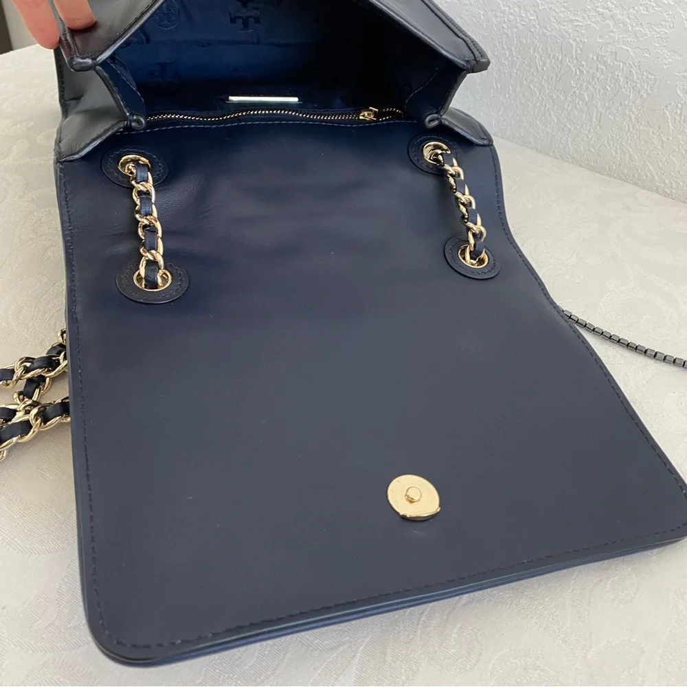 Tory Burch navy woven chain strap bag
